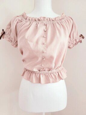 ANK ROUGE Pink Houndstooth 2-Way Off-Shoulder Cropped Button Blouse